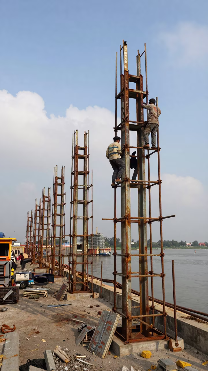 Workers Climbing Harbor Steel Scaffolding in at a harbor edge in Burewala