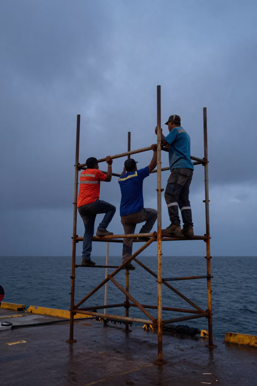 Workers Climbing Steel Scaffolding at Harbor Twilight in at a harbor edge in Valle de la Pascua