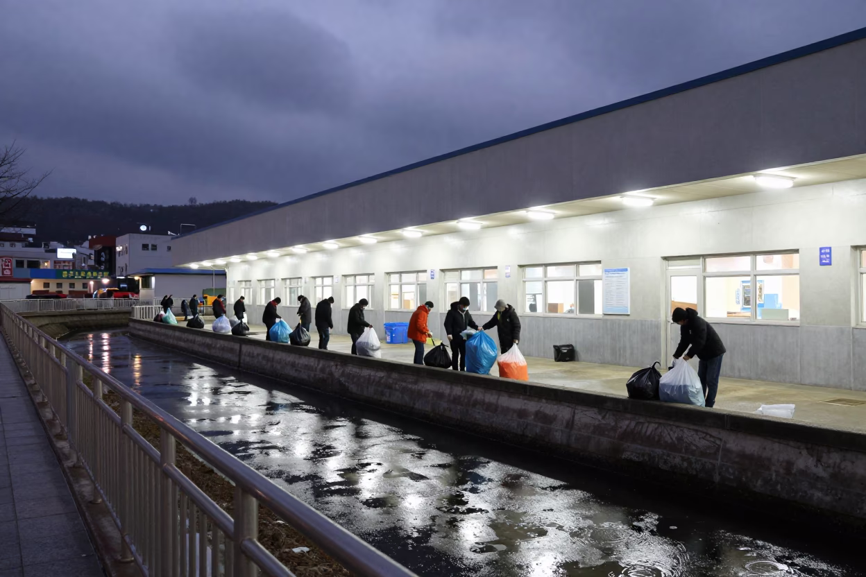Workers Fill Bags Beside Canal in Busan Hall in in a community center hall in Nampo-dong, Busan
