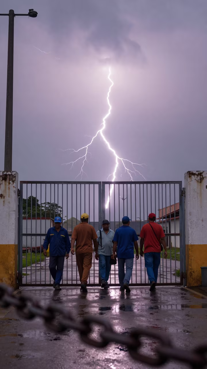 Workers Passing Gate Amid Frozen Lightning Storm in in Manzanillo