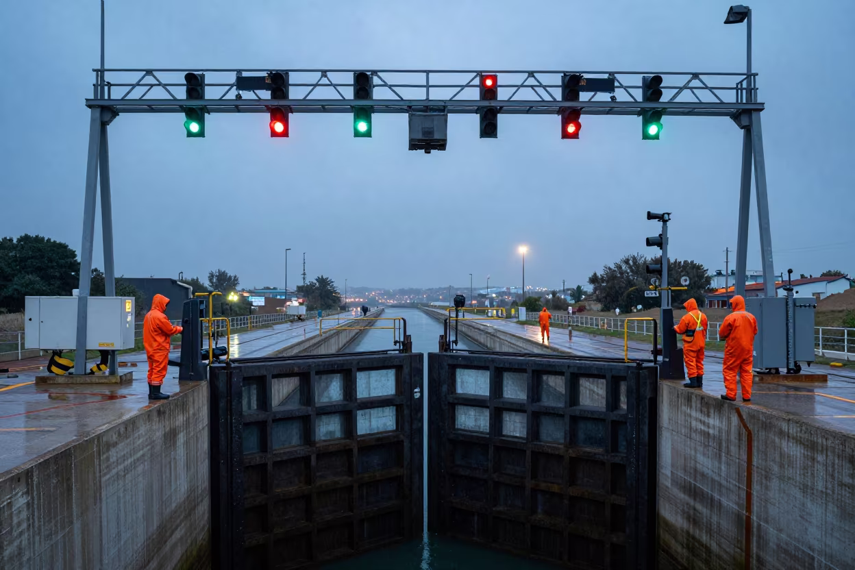 Workers in Orange Rain Gear Under Signal Gantry in at a canal lock chamber near Rehovot