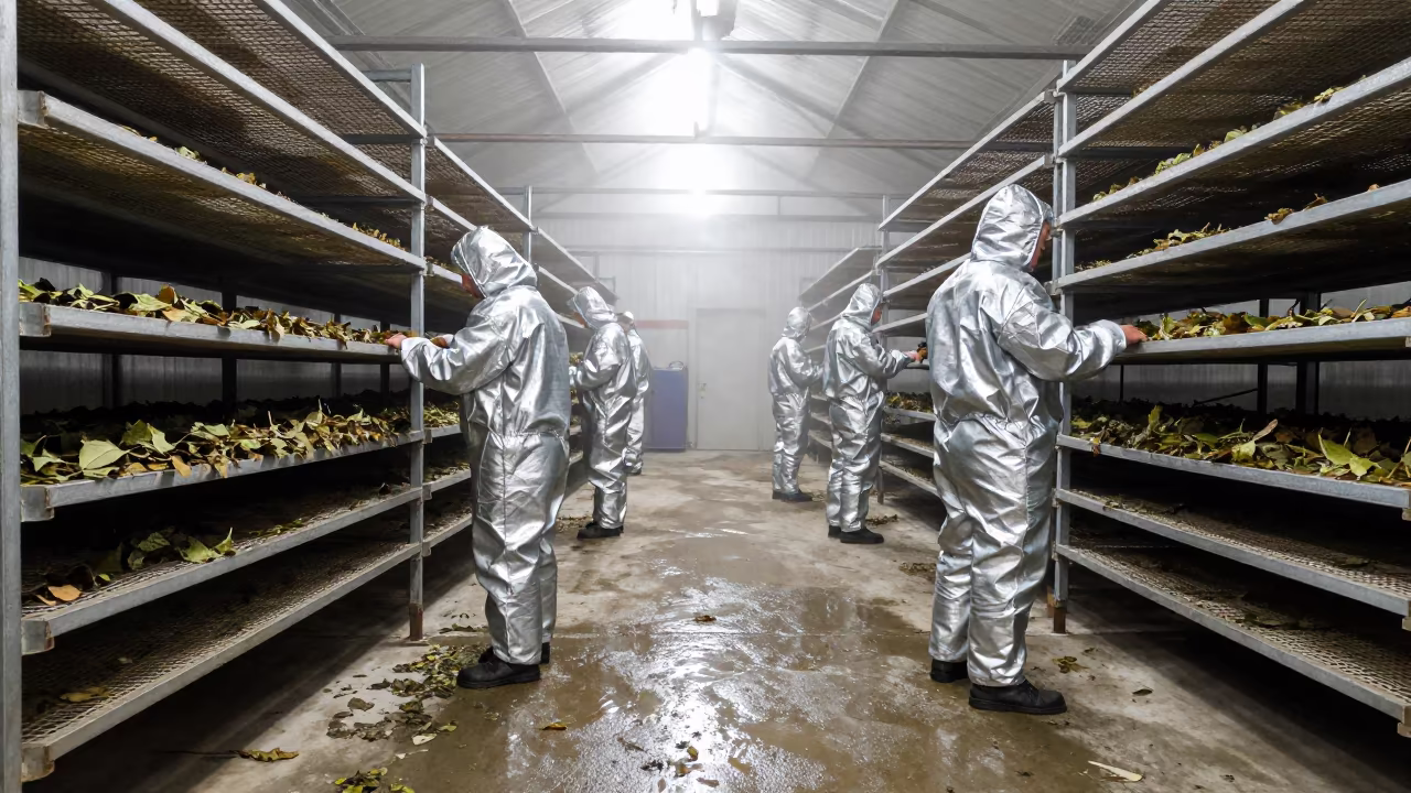 Workers in Silver Suits Amidst Drying Trays in inside a leaf-drying room lined with mesh trays in Łódź