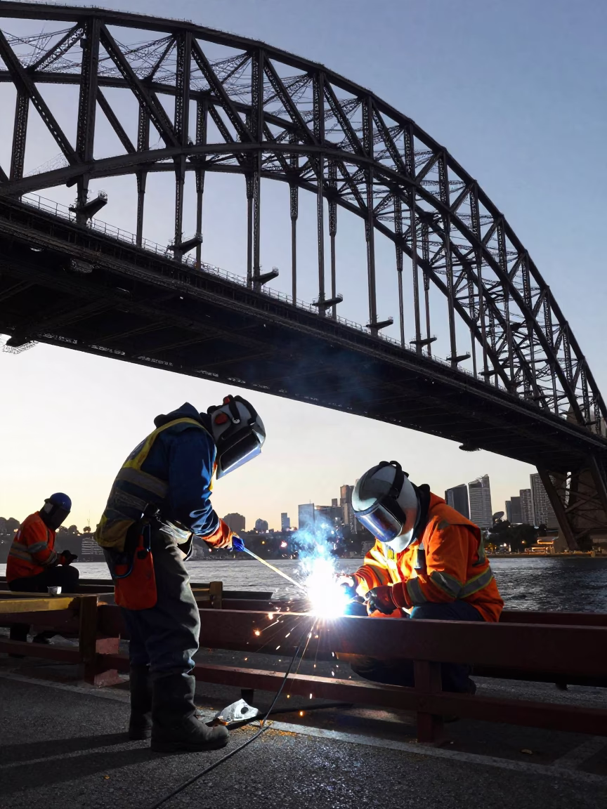 Workers Welding at As First Light Reaches The Scene in Sydney in in Sydney, New South Wales, Australia