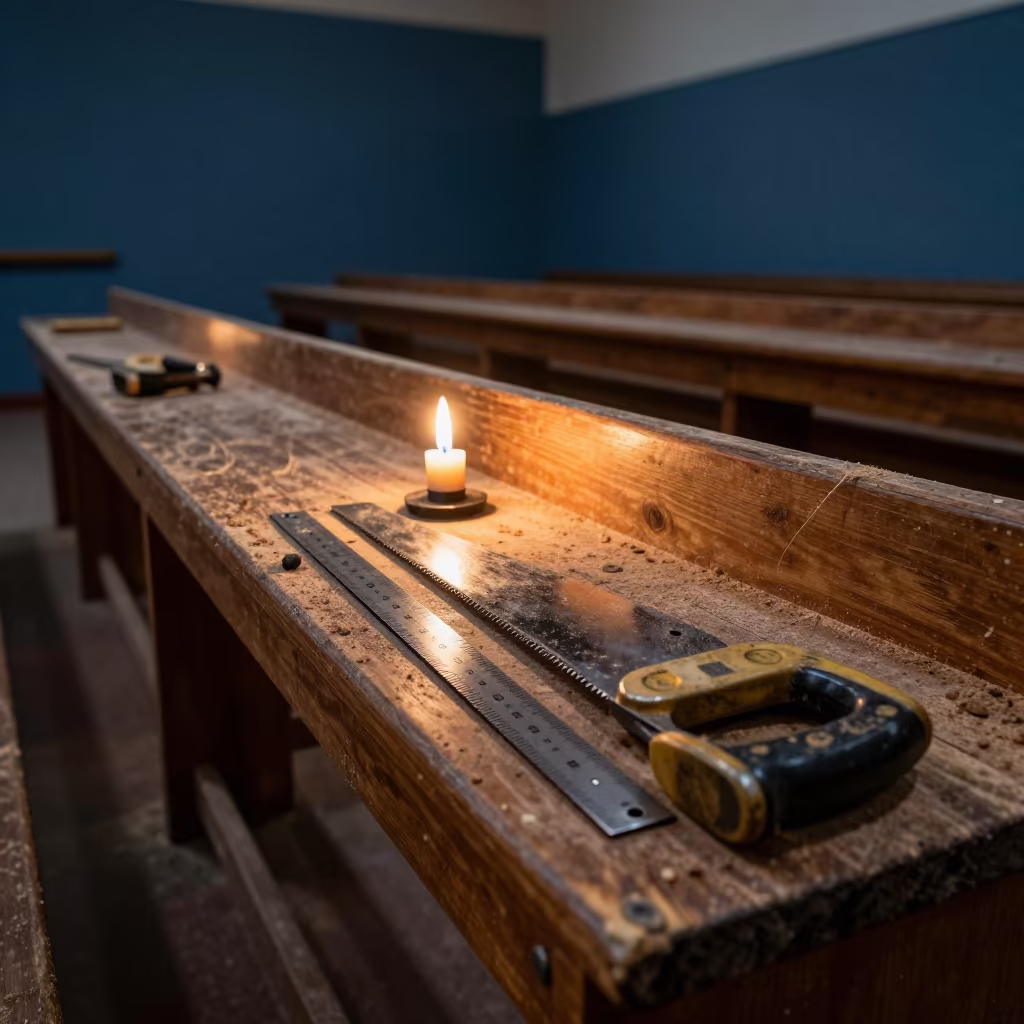 Workshop Bench Tools in Candlelight Glow in in a lecture hall before the crowd arrives in Nacala