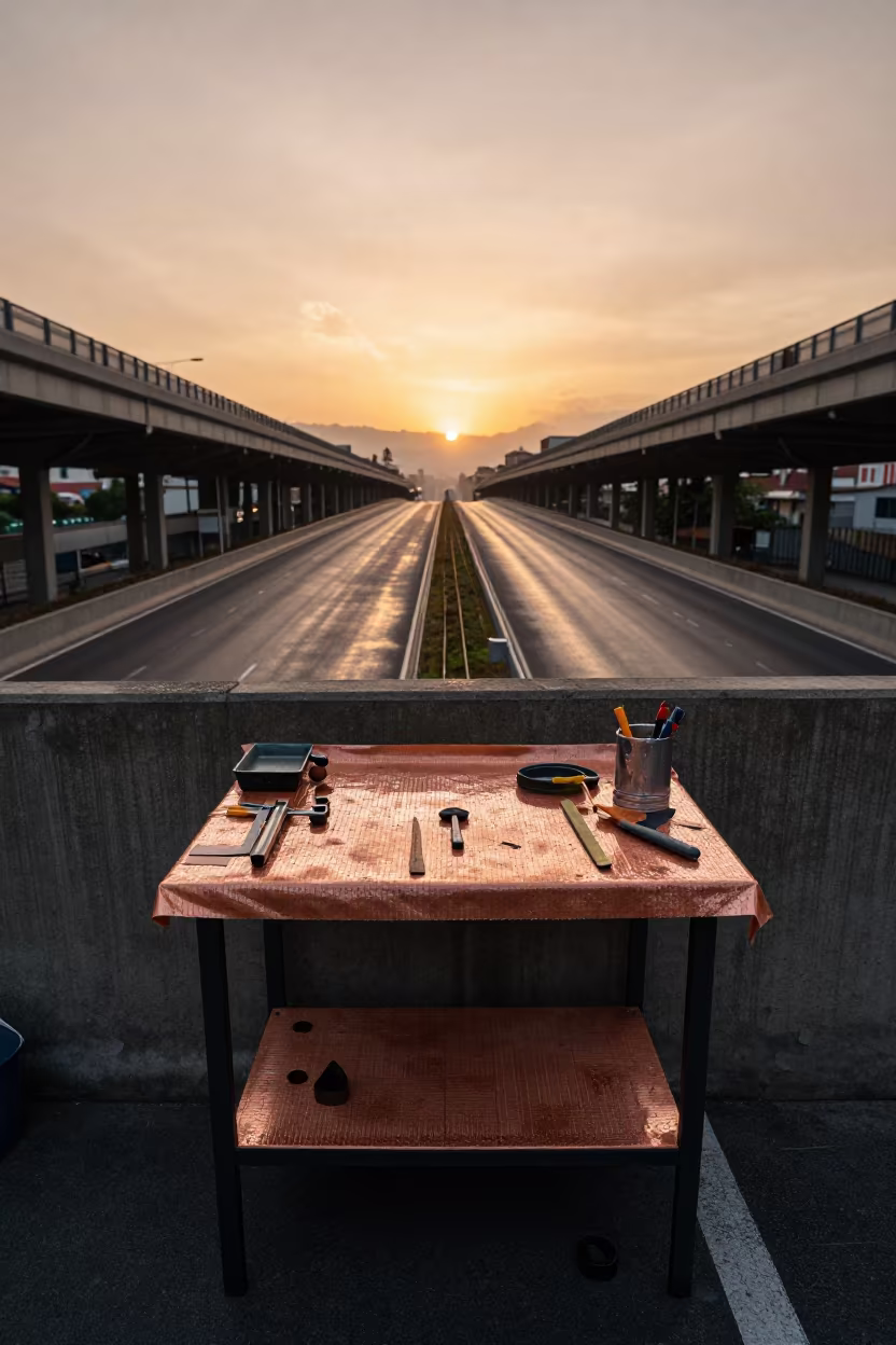 Workshop Bench Tools Gaskets Overpass Medellin in across a windy overpass interchange in Medellin