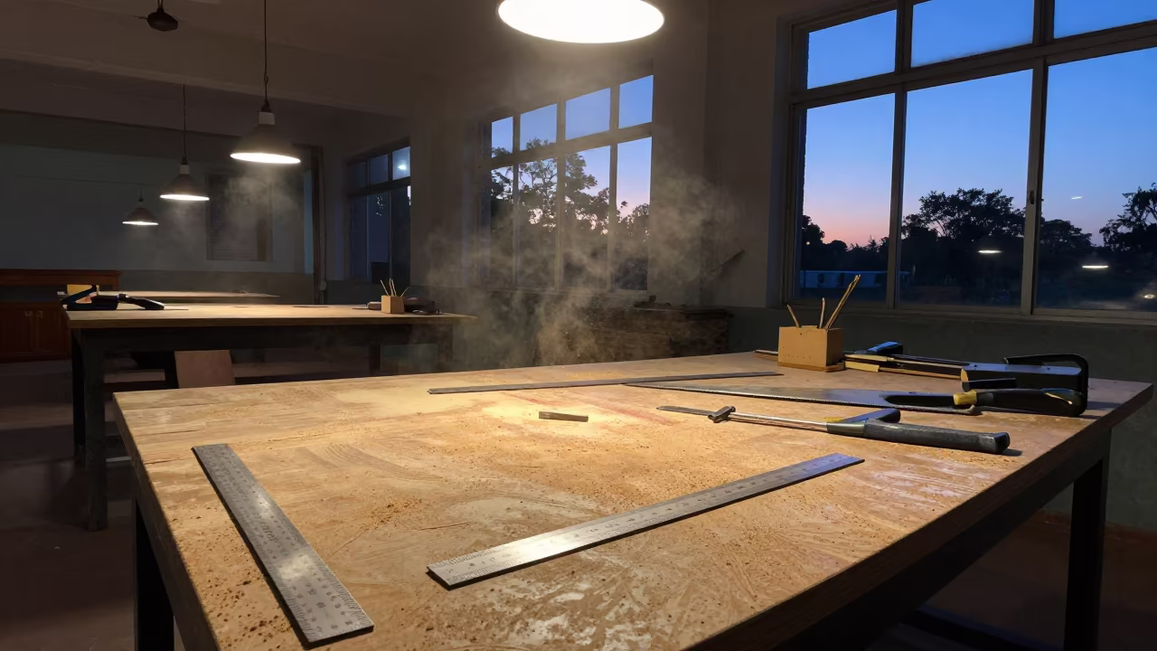 Workshop Bench Tools Wood Dust Blue Hour Lecture Hall in in a lecture hall before the crowd arrives in Sylhet