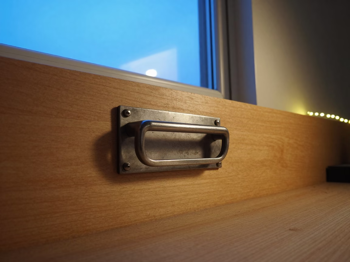 Workshop Gate Handle Under String Light Glow in on a wooden workbench near Muhanga