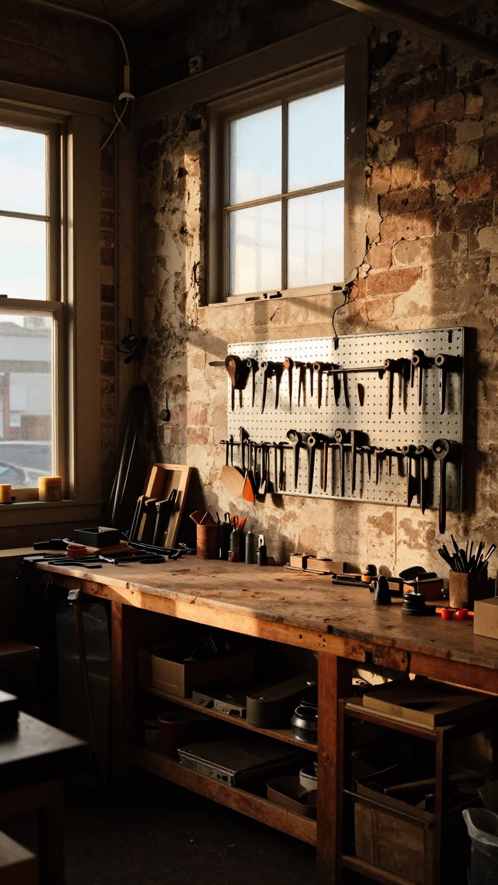Workshop Interior at Honeyed Evening Light in Wellington in in Wellington, New Zealand