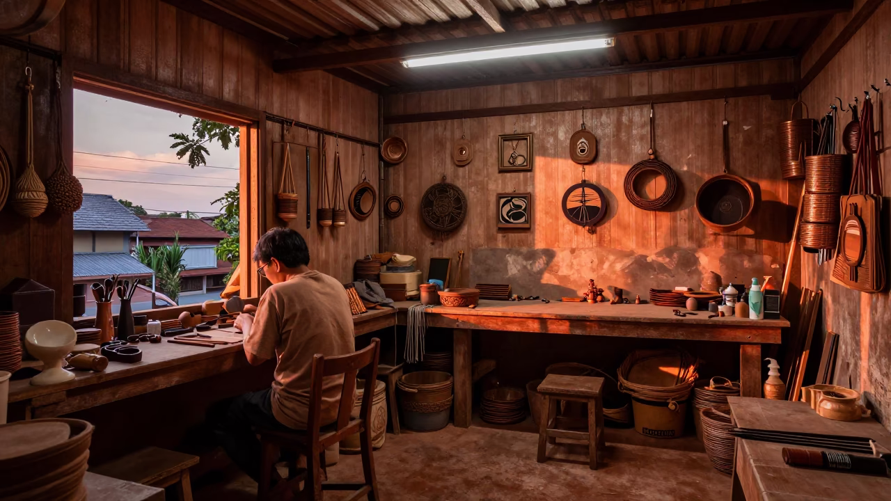 Workshop Interior in Chiang Mai at Copper-toned Light Before Dusk in in Chiang Mai, Thailand