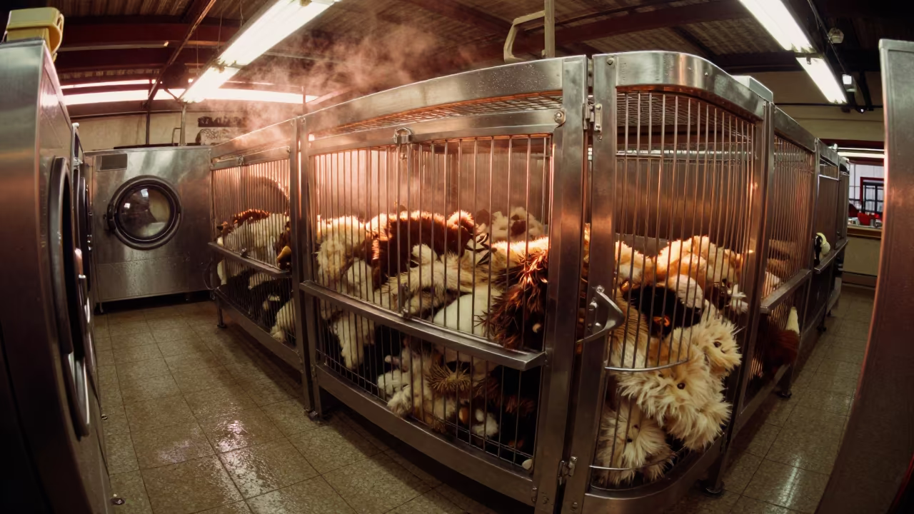 Worms-eye view of laundry cage in Santiago grooming bay in inside a grooming bay in Mercado Central, Santiago