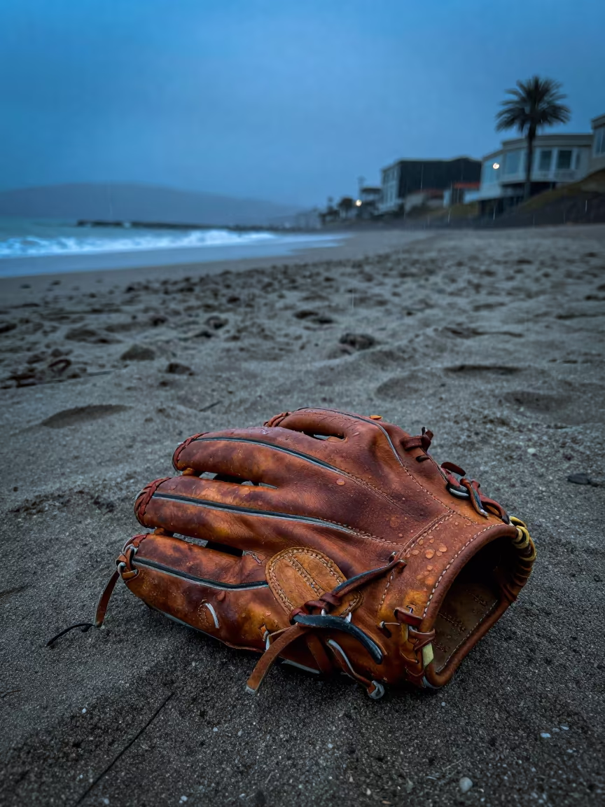 Worn Baseball Glove Backlit on Autumn Beach in along a beach near Tenderloin, San Francisco