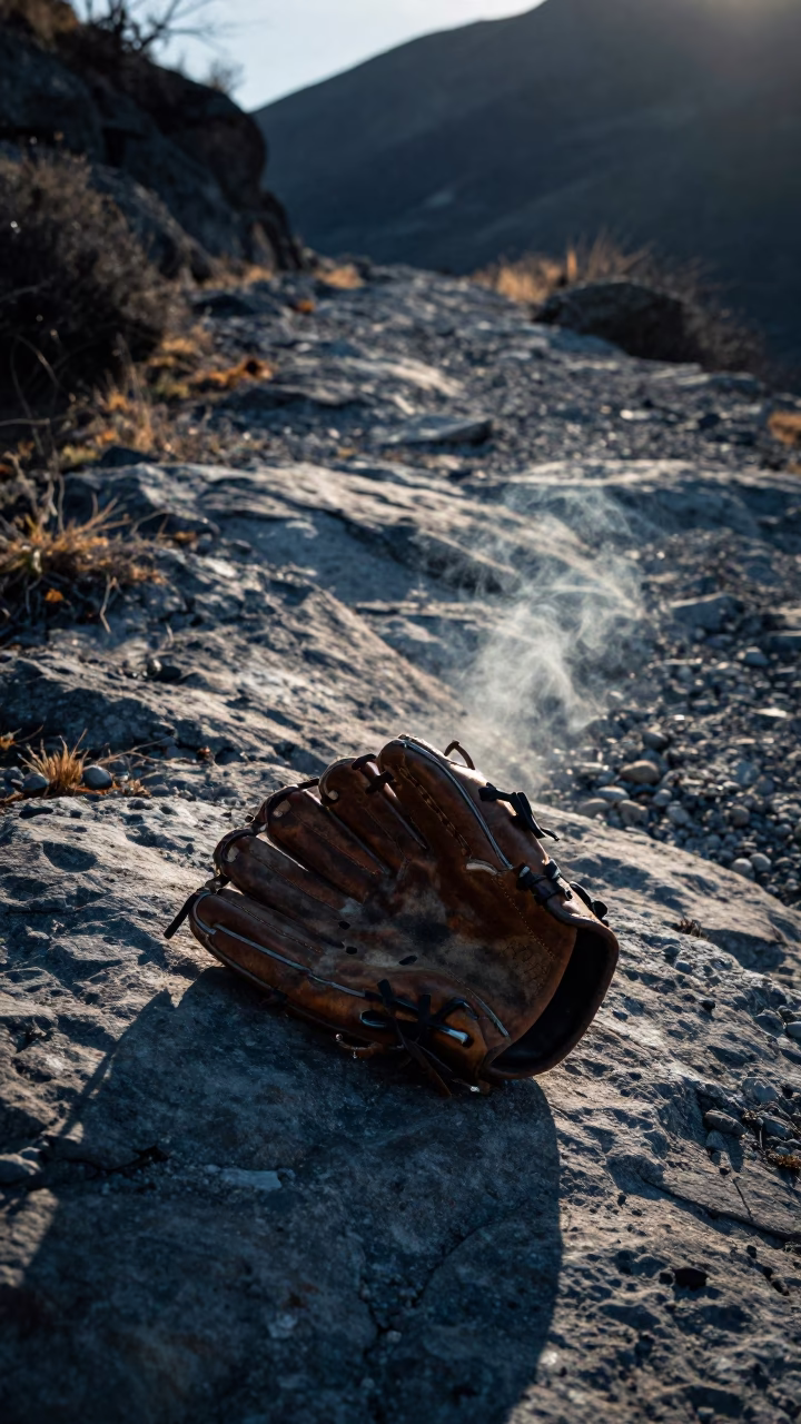 Worn Baseball Glove on Maradi Mountain Path at Dawn in on a mountain path near Maradi