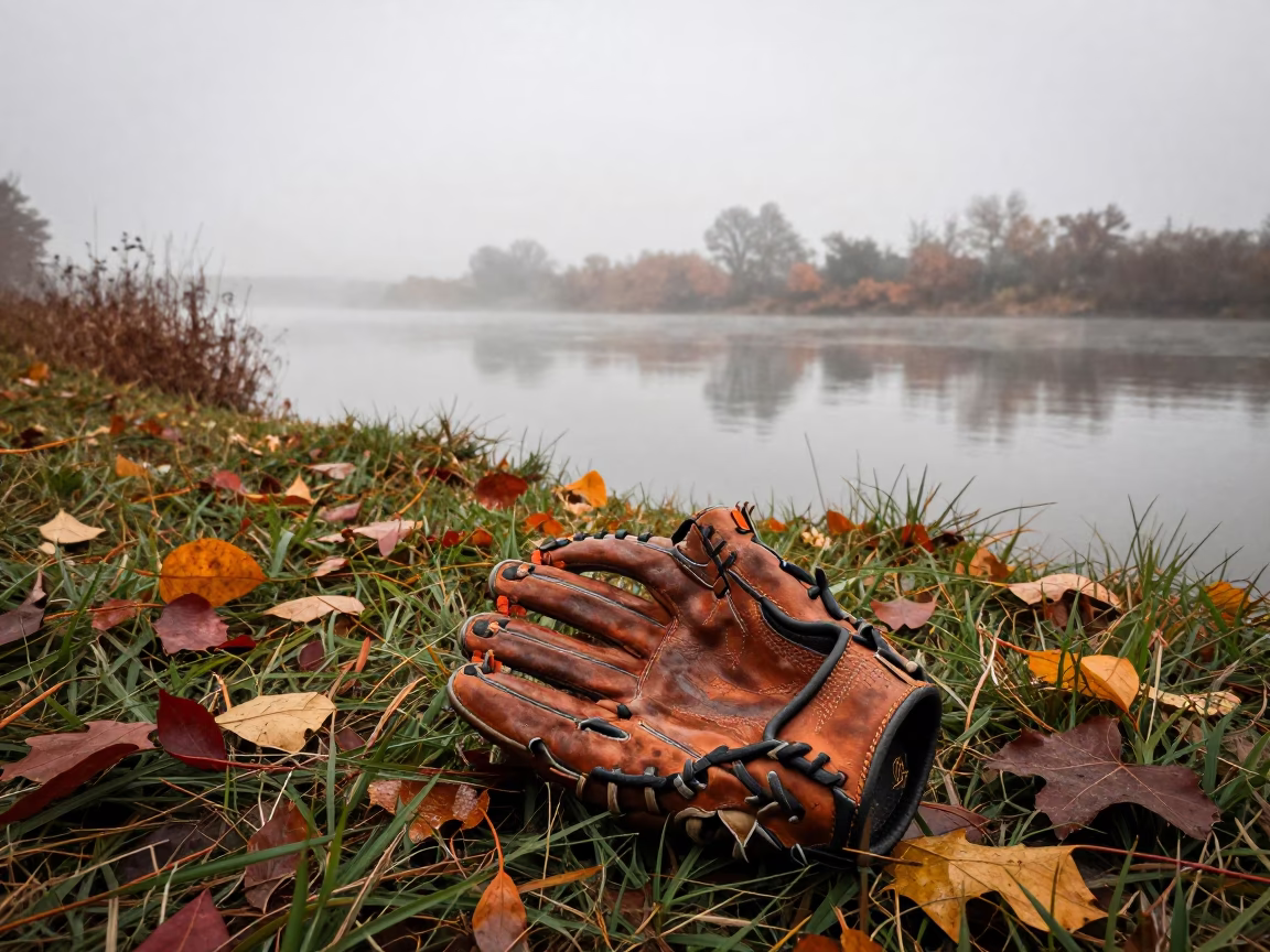 Worn Baseball Glove on Misty Autumn Riverbank in by a riverbank near Massarah