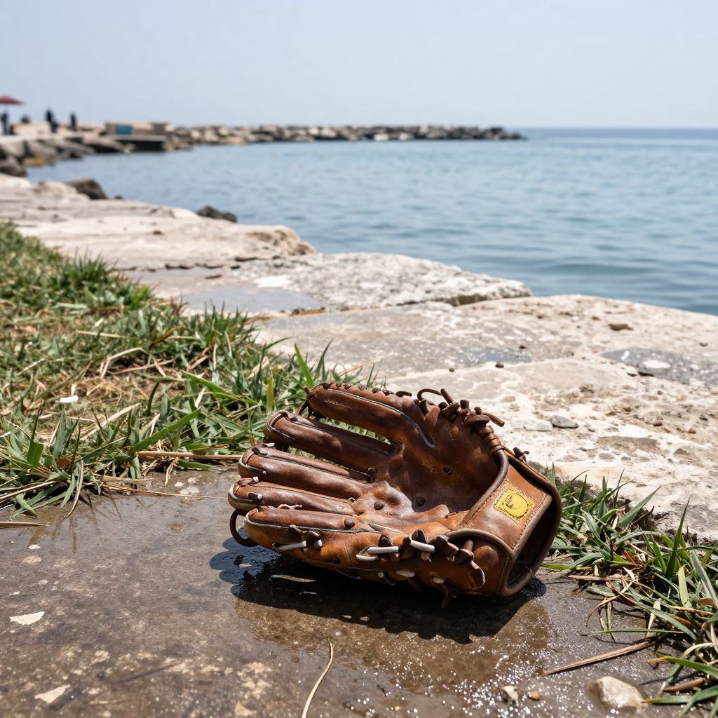 Worn Baseball Glove on Wet Harbor Quay at Noon in at a harbor quay near Marsa Matruh