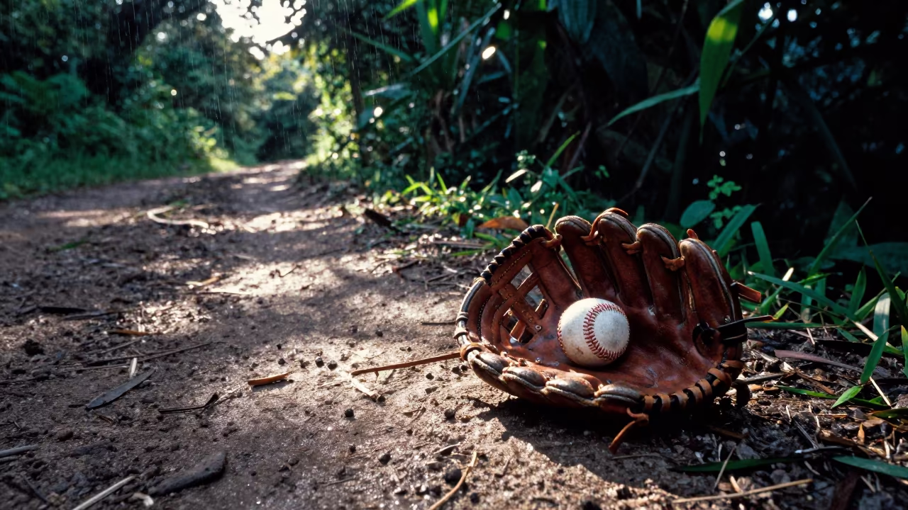 Worn Baseball Mitt and Ball on Mountain Path in on a mountain path near Cebu