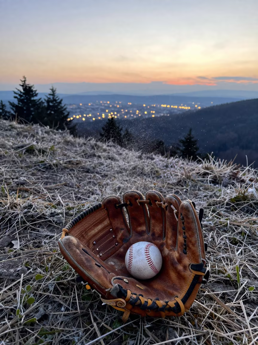 Worn Baseball Mitt with Ball on Mountain Path in on a mountain path near Petropavl