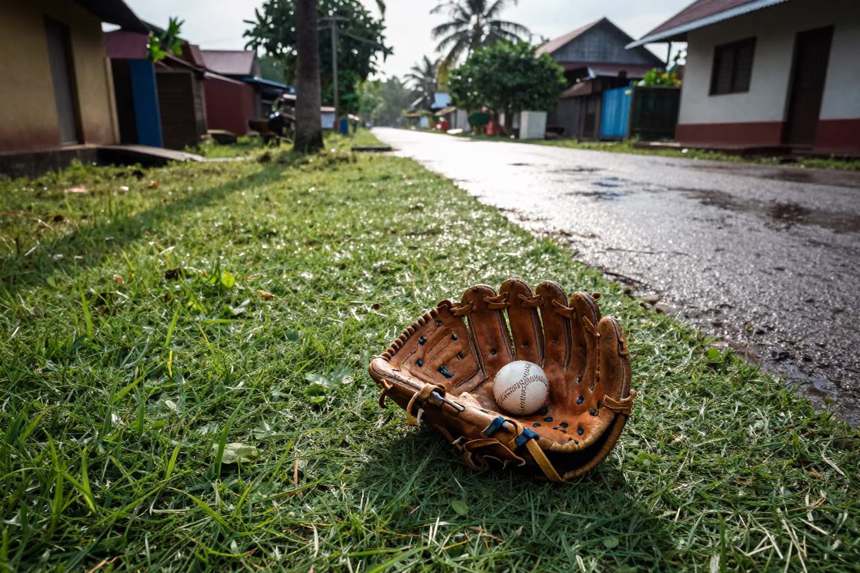 Worn Baseball Mitt Ball Wet Turf Madurai in in a village lane near Madurai