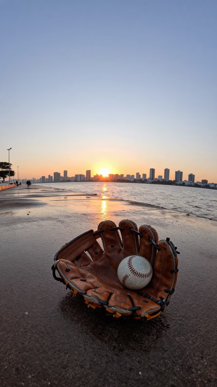 Worn Baseball Mitt on Brasilia Quay Morning in at a harbor quay near Brasilia