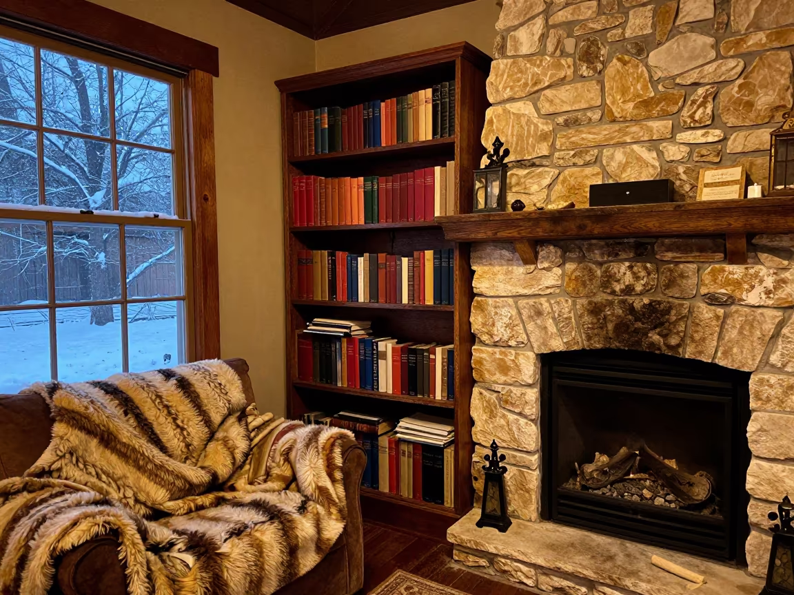 Worn Bookshelf by Fireplace Winter Night in by a crackling fireplace near San Antonio