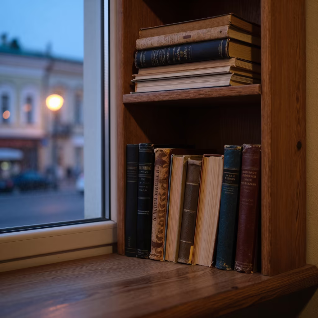 Worn Bookshelf on Moscow Window Seat in on a window seat near Arbat, Moscow
