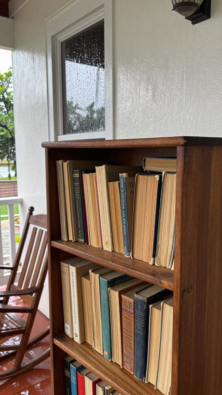 Worn Bookshelf Overflowing on San Pedro Porch in on a porch with a rocking chair in San Pedro de Macorís