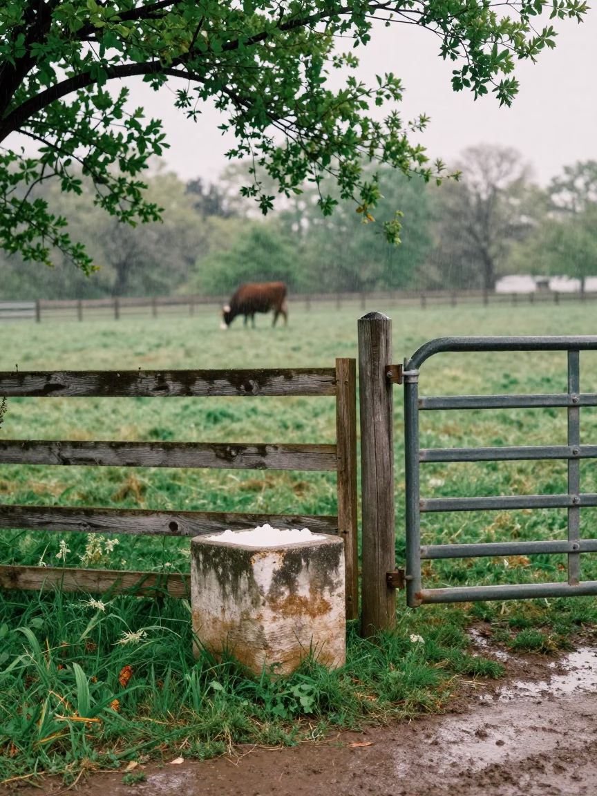 Worn Cattle Salt Block Station in Nebraska Rain in beside a pasture gate in Nebraska