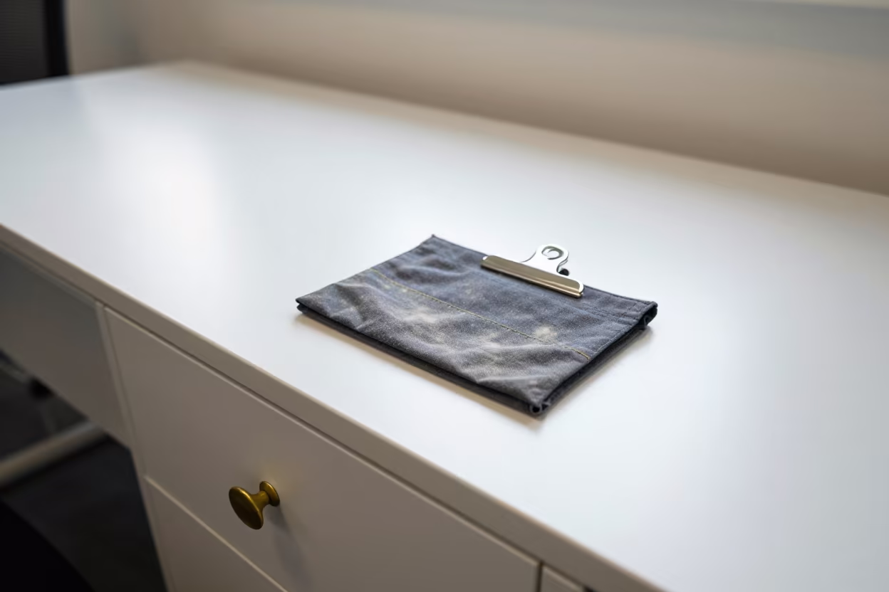 Worn Clip Pouch on Office Dais with Dust and Glare in inside a coworking floor in Wolverhampton