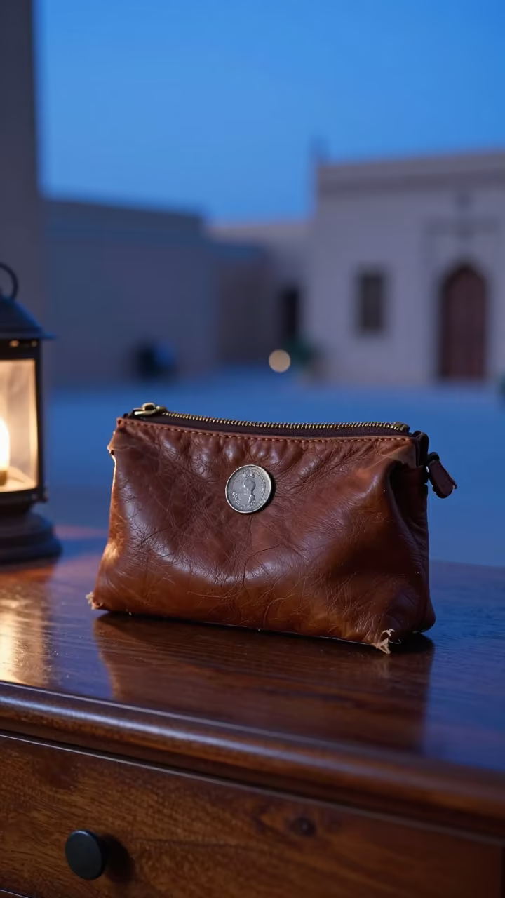 Worn Coin Purse on Hotel Desk in Jizan Twilight in on a museum plinth in Jizan