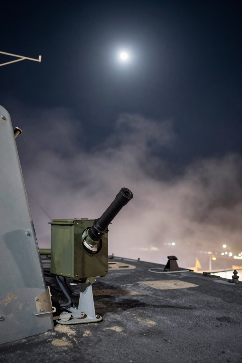Worn Deicer Nozzle Box on Naval Deck at Night in on a naval deck in rough wind in Mexico