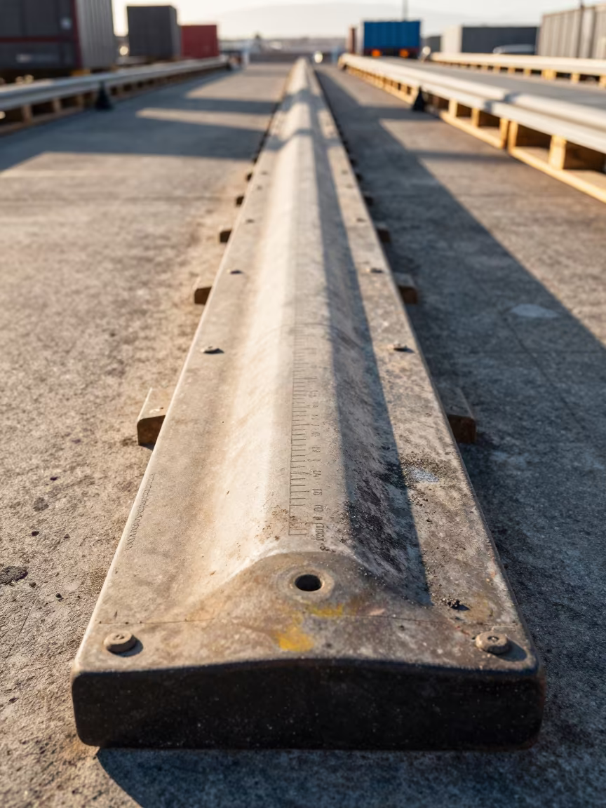 Worn Dock Bumper Gauge in Cape Town Bay in inside a chilled distribution bay in Cape Town