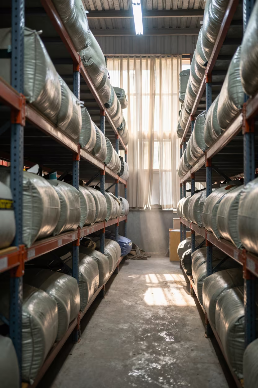 Worn Dunnage Airbag Shelf in Jaunpur Warehouse in inside a warehouse aisle in Jaunpur