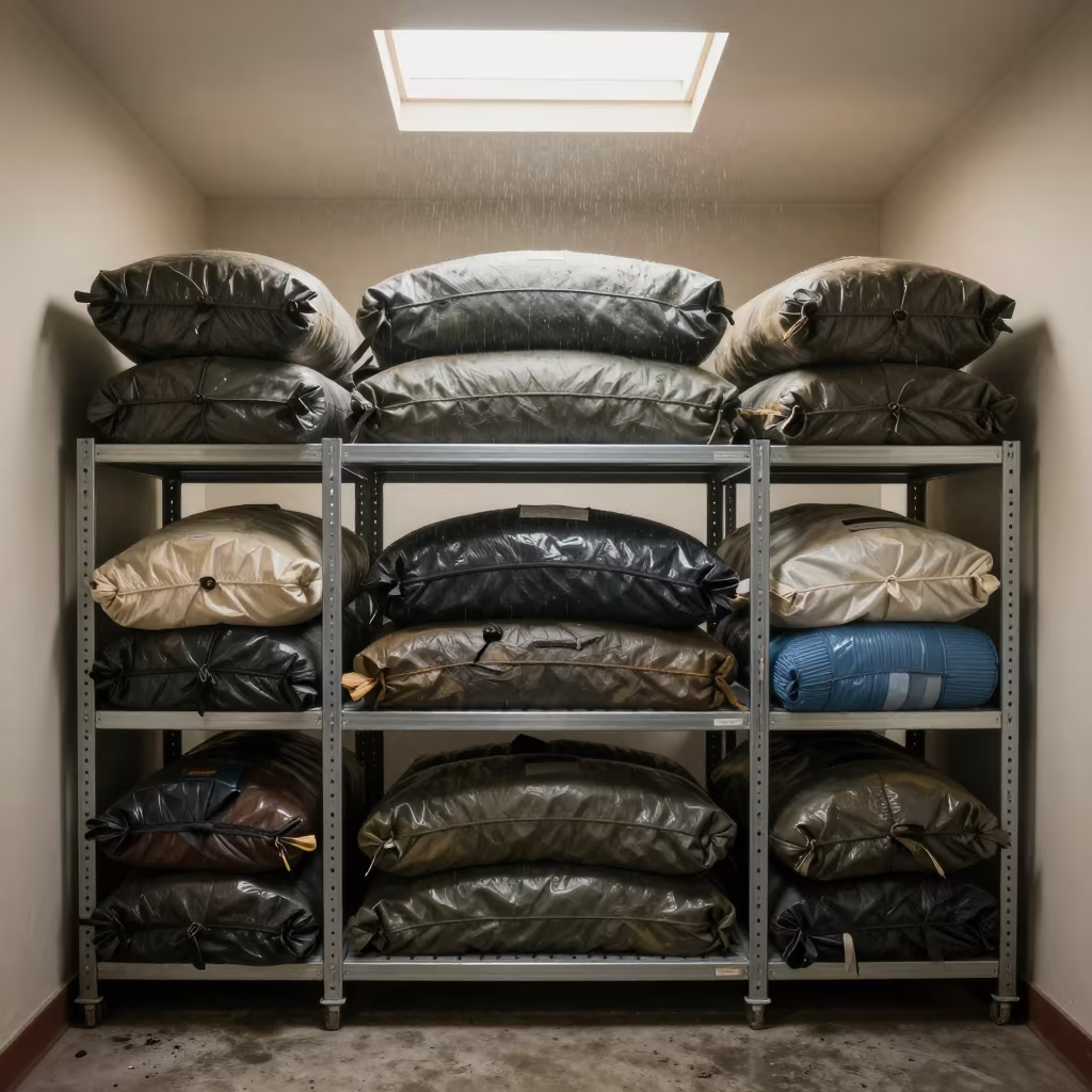 Worn Dunnage Airbag Shelf in Late Afternoon Light in at a fulfillment packing station in Sheikh Othman