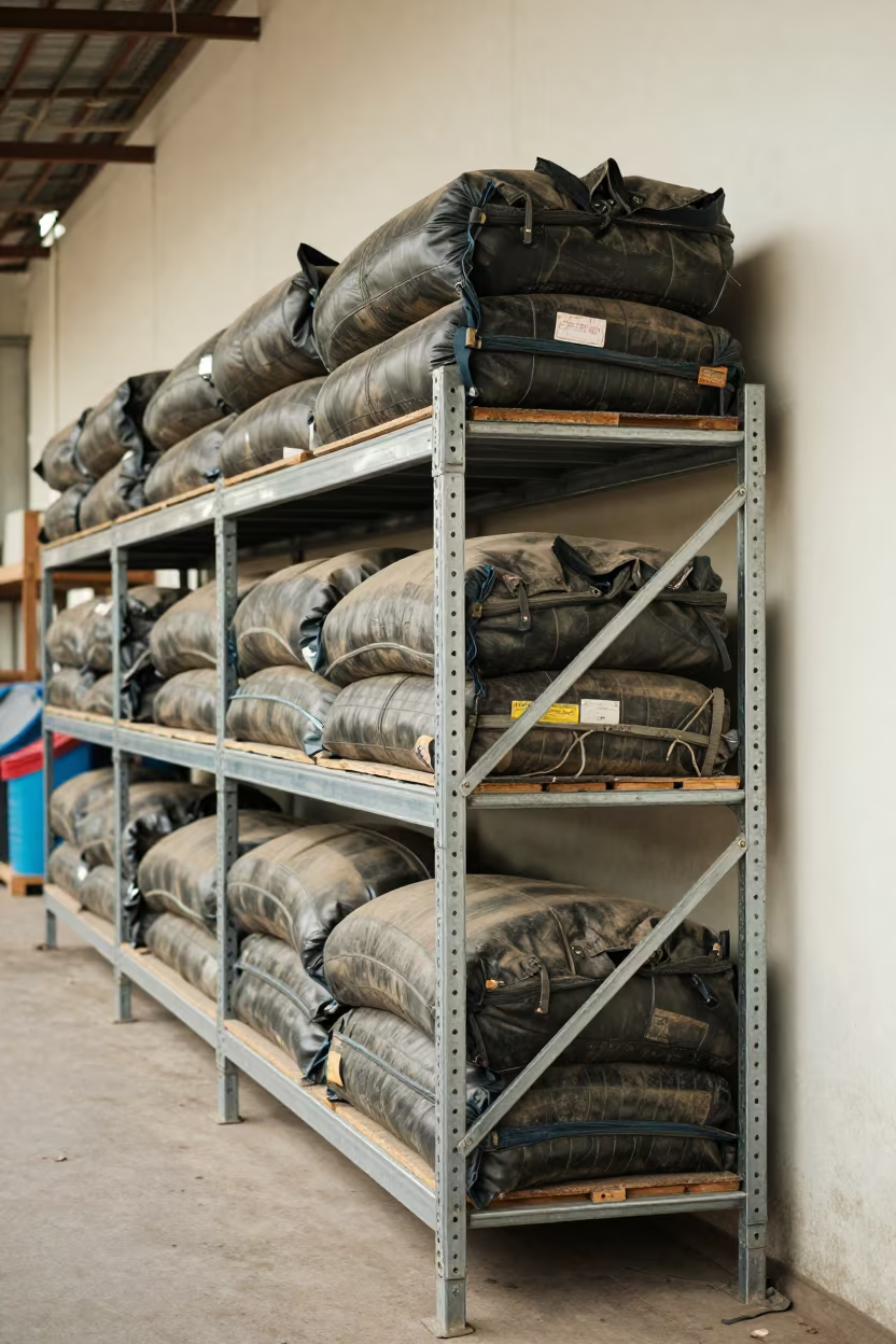 Worn Dunnage Airbag Shelf in Nagpur Warehouse in inside a warehouse aisle near Nagpur