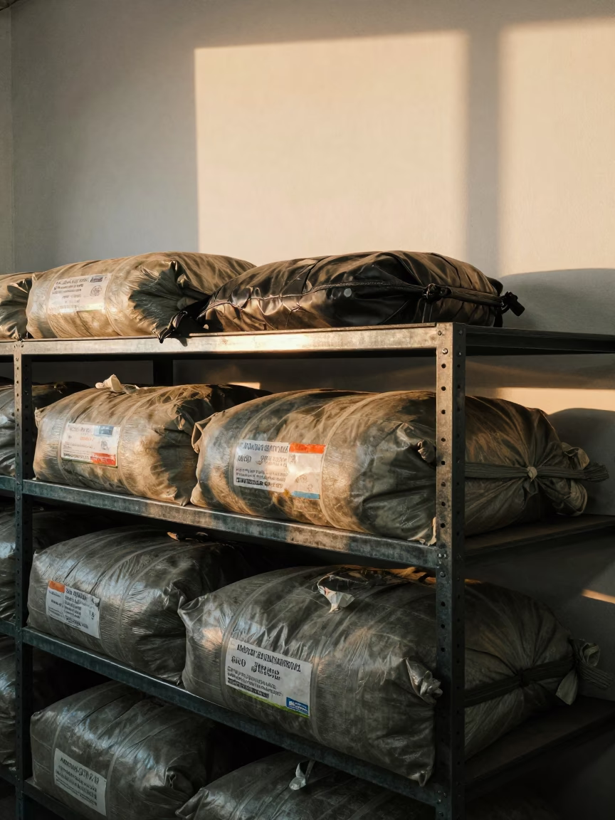 Worn Dunnage Airbag Shelf in Oaxaca Packing Station in at a fulfillment packing station in Oaxaca