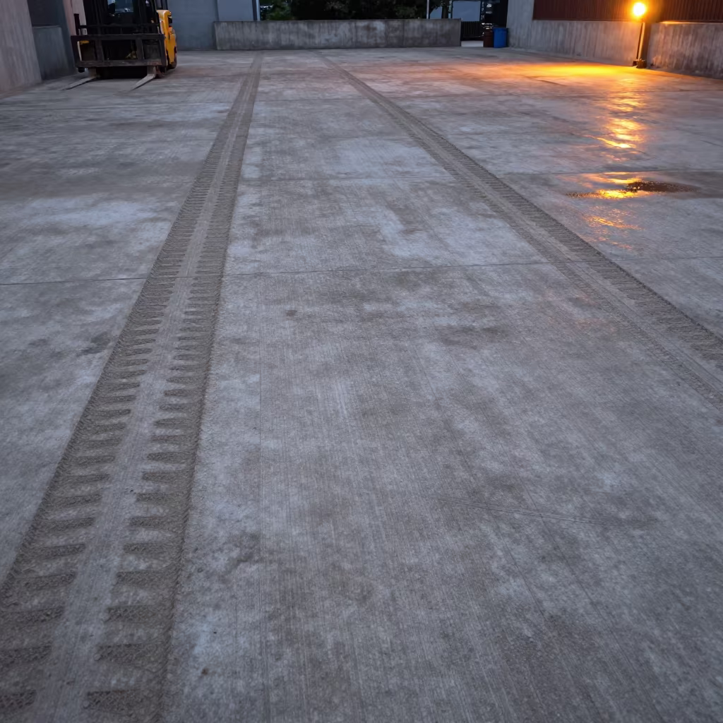 Worn Forklift Tracks on Concrete Warehouse Floor in on a scaffold platform near Belgaum