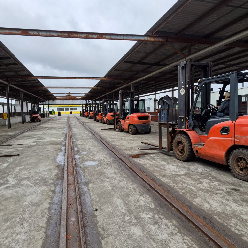 Worn Forklift Tracks in Manta Welding Bay in in a welding bay near Manta
