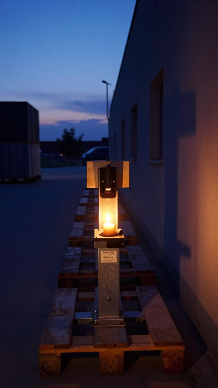 Worn Label Stand in Kütahya Cross-Dock Twilight in inside a cross-dock lane in Kütahya