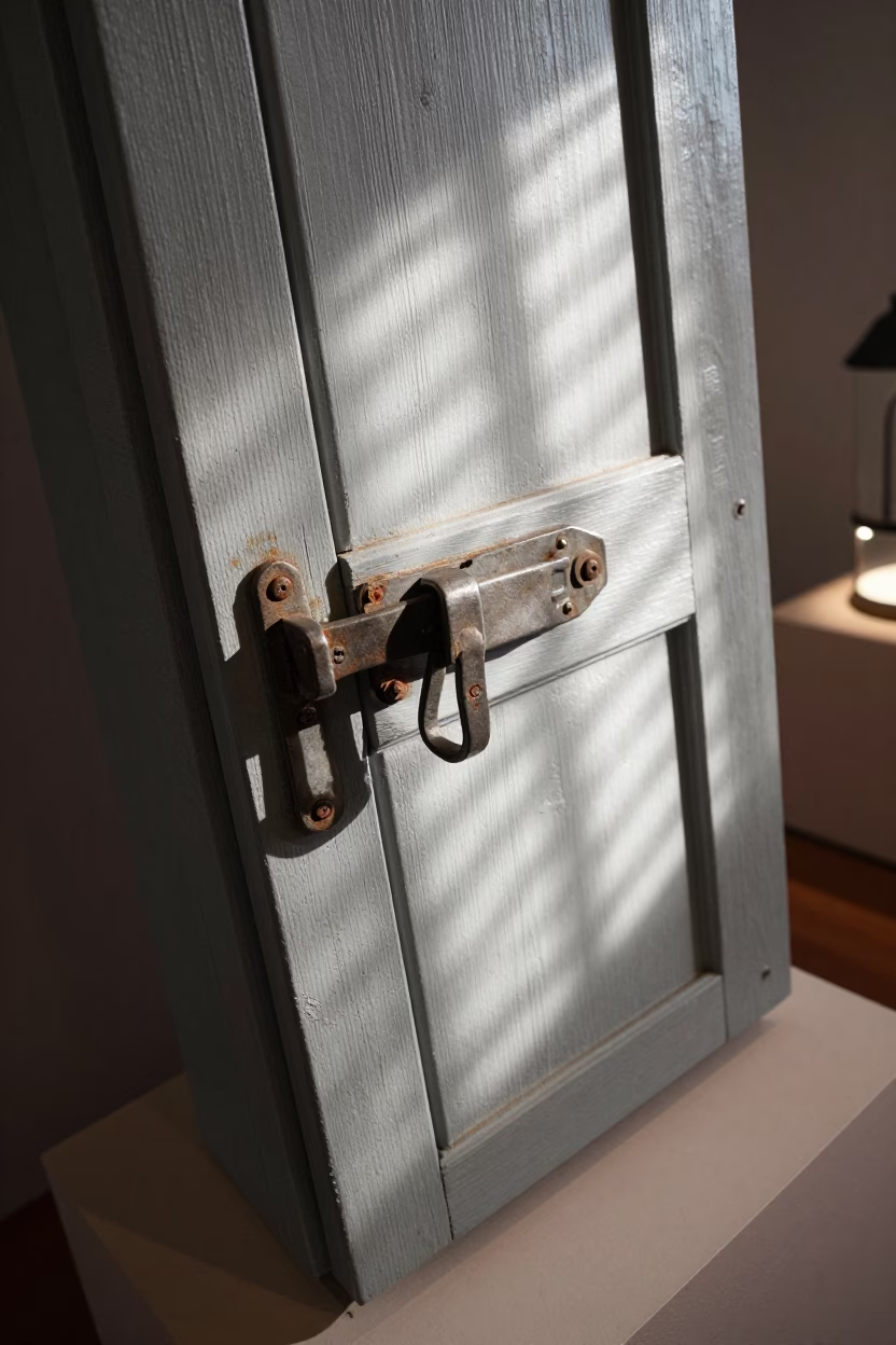 Worn Latch on Museum Plinth Door in on a museum plinth in Mohali
