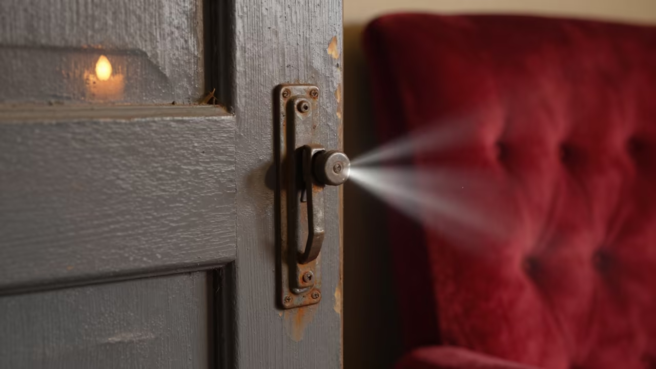 Worn Latch on Painted Door in Candlelight in on a velvet chair in Johannesburg
