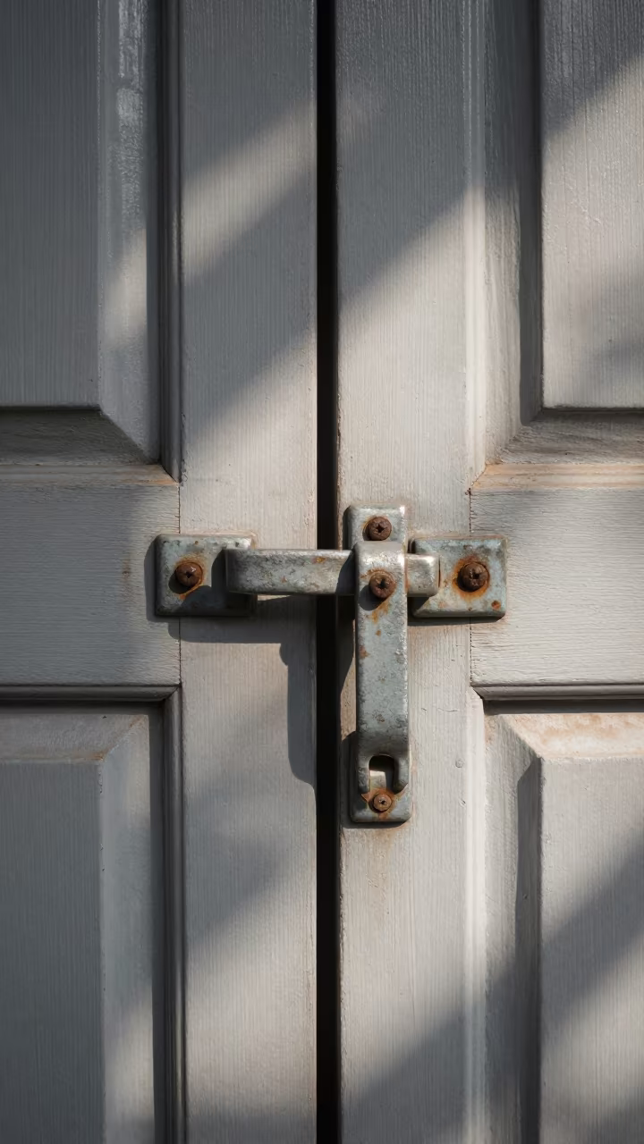 Worn Latch on Painted Plank Door in on a painted display ledge in Cuddalore