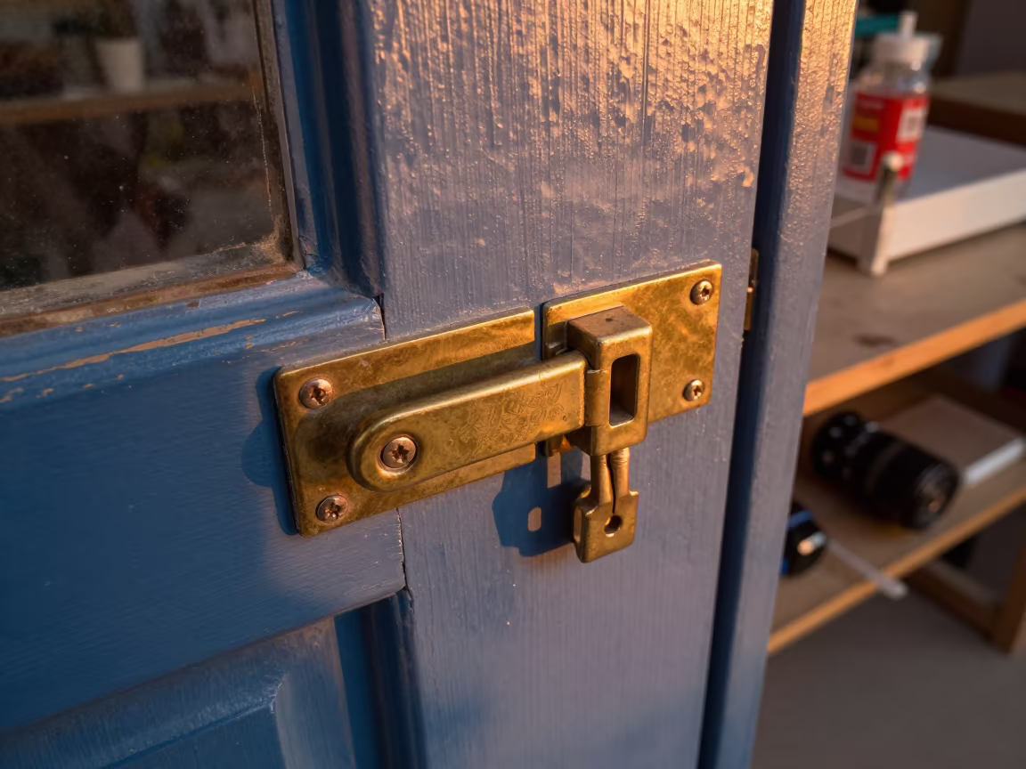 Worn Latch on Workshop Door in Amber Light in on a workshop shelf in Sidi Bel Abbès