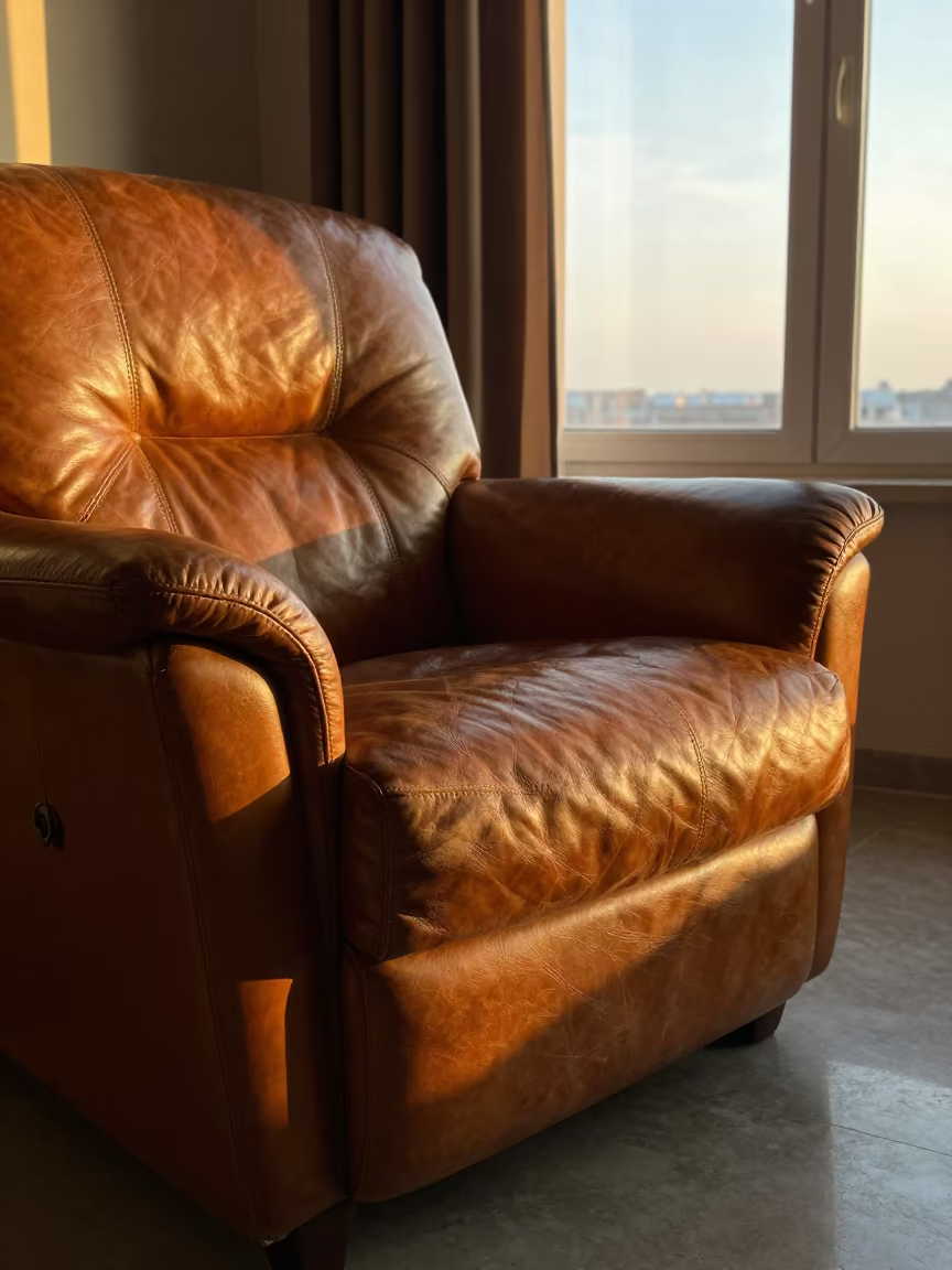 Worn Leather Armchair Golden Hour Sivas in on a worn leather armchair near Sivas