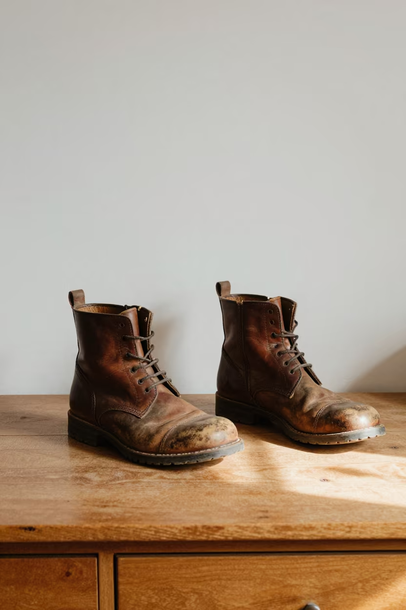 Worn Leather Boots on Desk Near Damanhur in on a writing desk near Damanhur