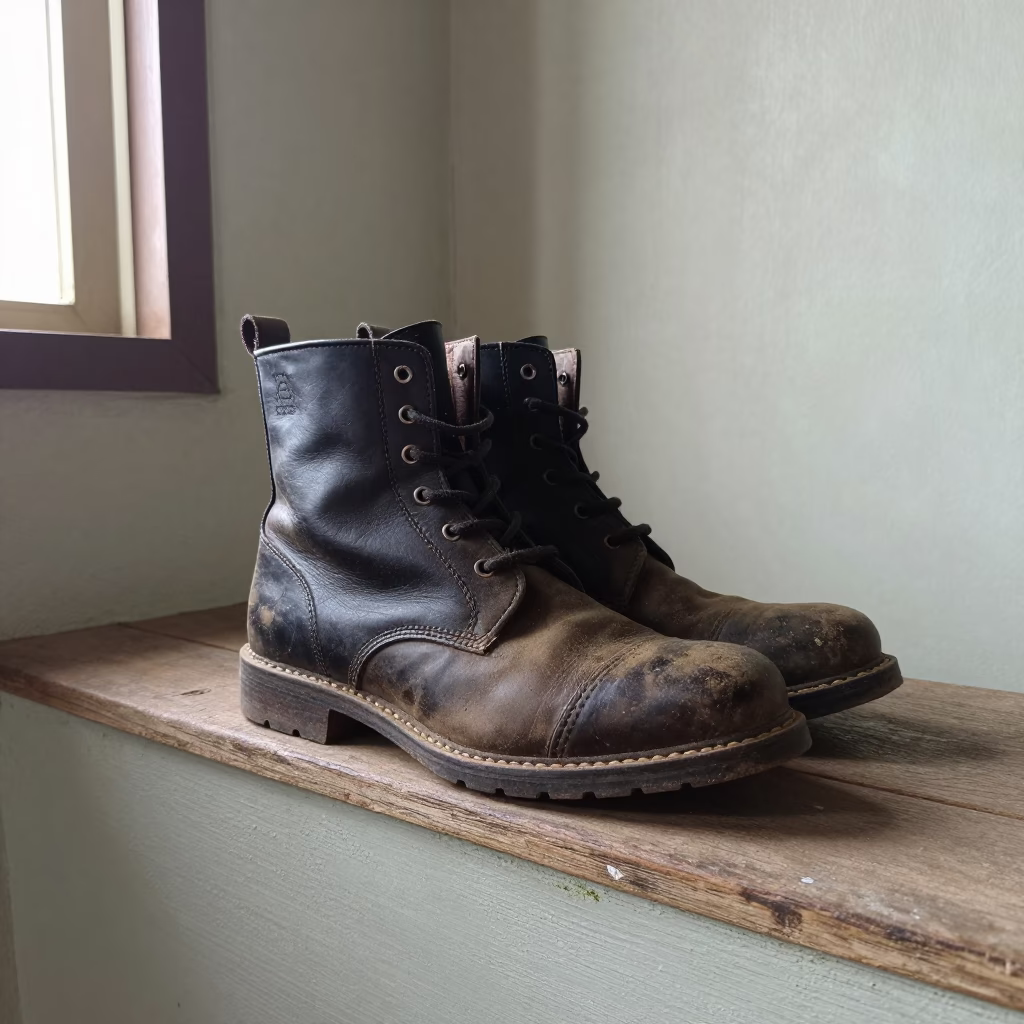 Worn Leather Boots on Painted Display Ledge in Yaounde in on a painted display ledge in Yaounde