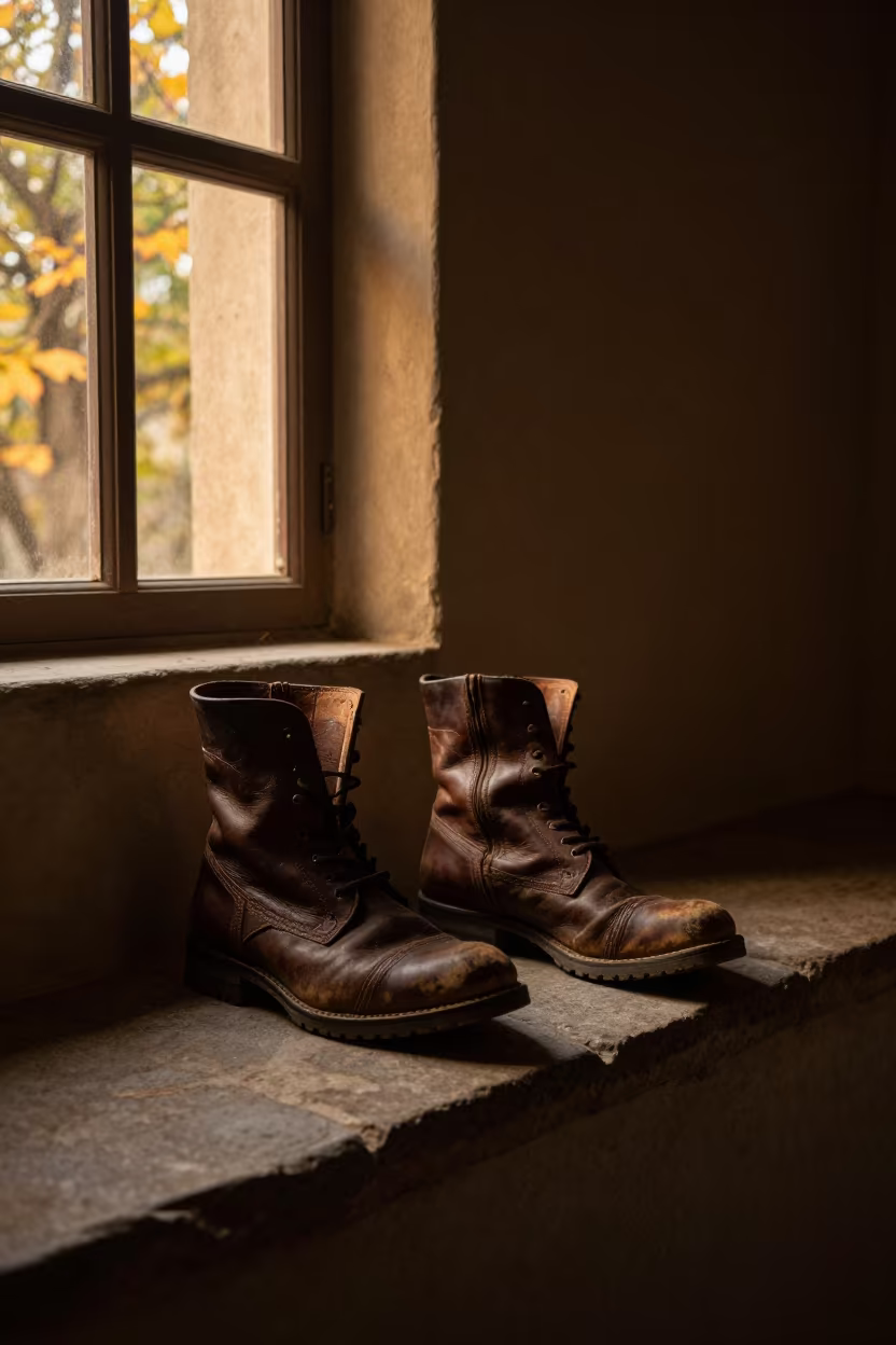 Worn Leather Boots on Stone Ledge Gojra in on a stone ledge in Gojra