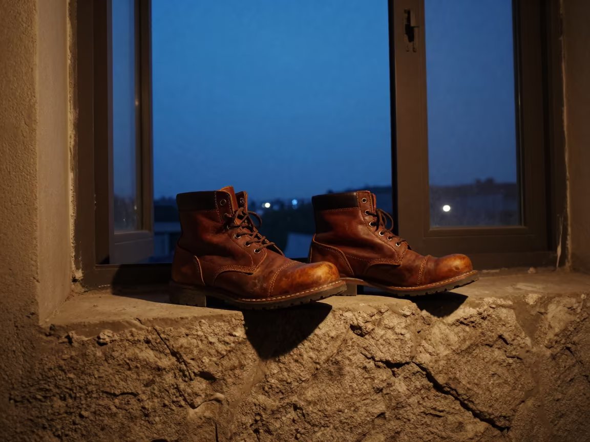 Worn Leather Boots on Stone Ledge Taichung Evening in on a stone ledge in Taichung