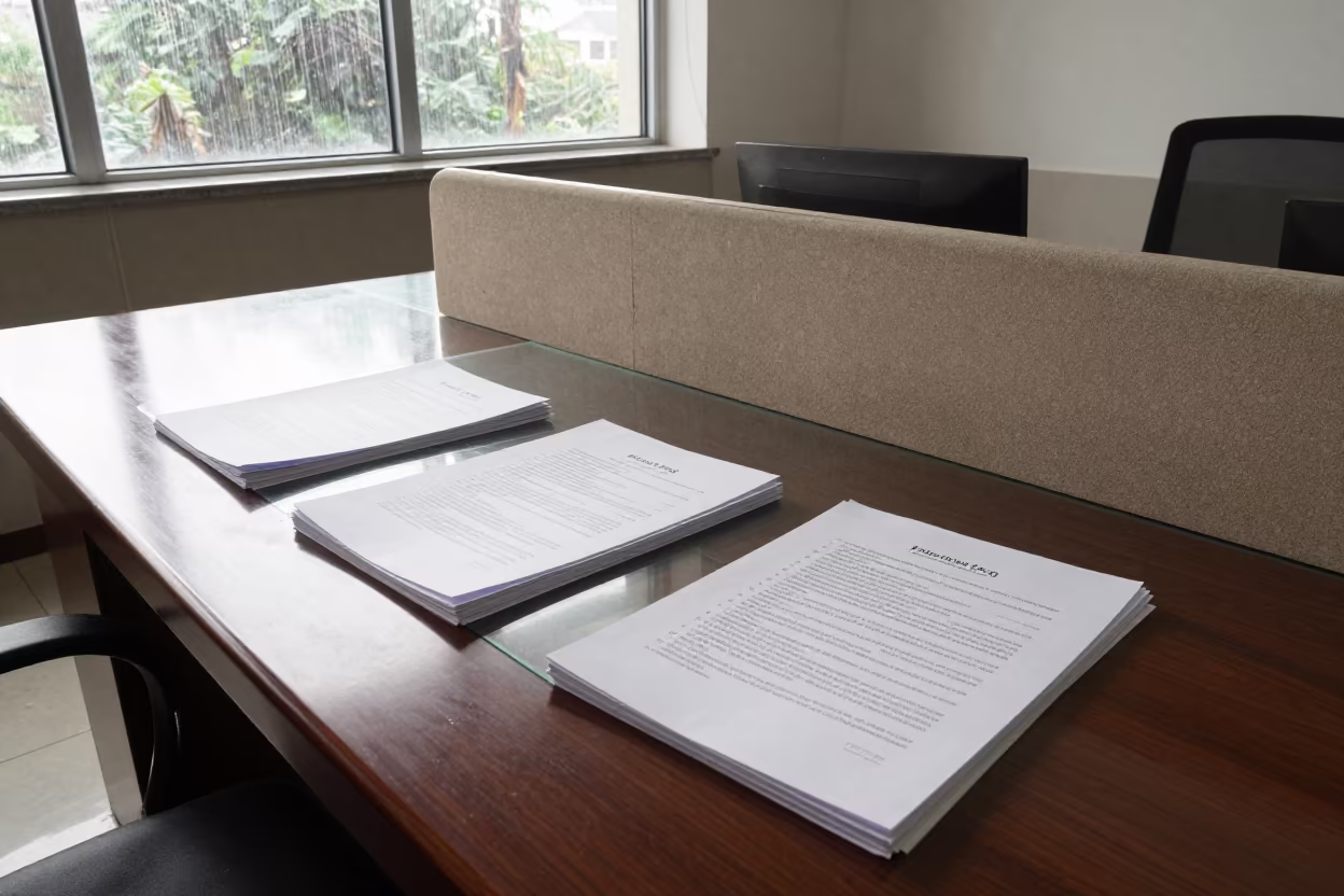 Worn Legal Files on Glass Table in Nanning Office in at a boardroom table before a meeting in Nanning