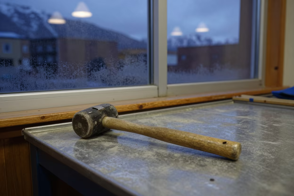Worn Mallet on Dusty Library Table in on a dusty library table near Anchorage