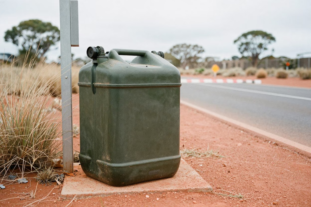 Worn Military Fuel Caddy in Australian Dust in at a checkpoint lane in Western Australia