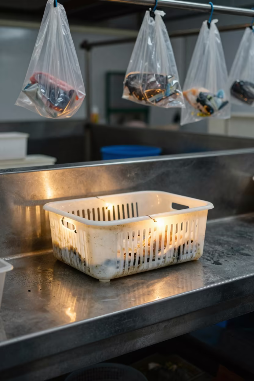 Worn Pet Stain Caddy in Xiamen Night Market in inside a fish bagging counter zone in Xiamen